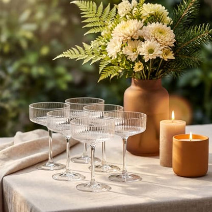 Set of 6 Champagne Coupe Glasses 8 oz Clear Ribbed Martini | Classic Design for Weddings, Elegant Martini Cups with Vertical Lines, Bar Glassware for Champagne Toasts and Parties - style: Clear