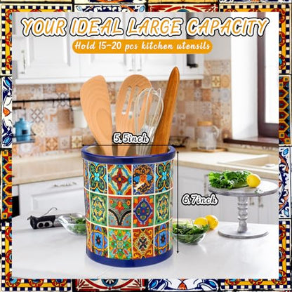 LemonRoad 6.7" H Talavera Utensil Holder for Kitchen Counter Mexican Pottery Ceramic Cooking Utensil Crock Modern Farmhouse Countertop Organizer for Spatula Ladle Kitchen Counter Decor - style: Talavera
