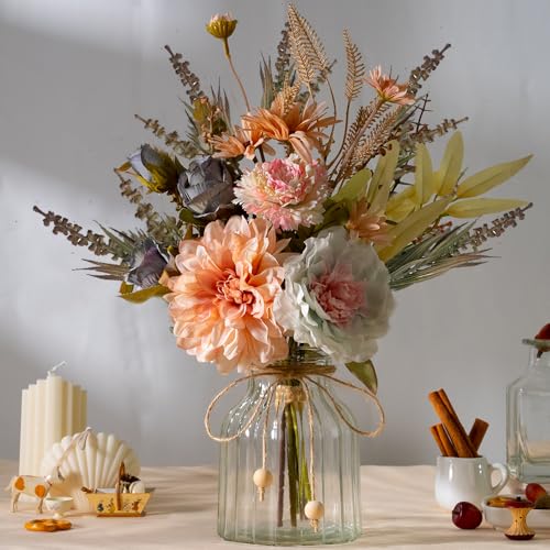 LESING Dahlia Flower Aritificial Flower with Vase Fake Silk Flowers in Glass Vase Faux Rose Flowers Arrangement for Home Office Table Centerpiece Decoration (Pink) - color: Pink