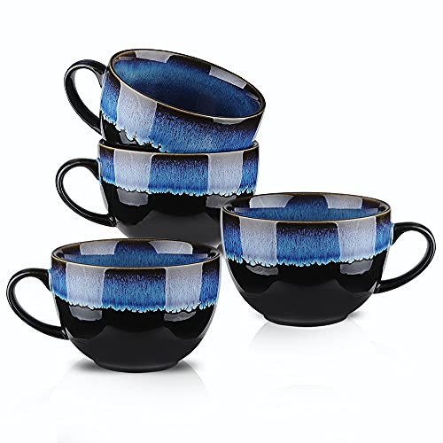 KOOV Ceramic Soup Mug, Soup Bowls with Handles Microwave Safe, 24 Ounce Jumbo Mug and Cereal Mugs Set of 4, Reactive Glaze (Nebula Blue) - color: Nebula Blue