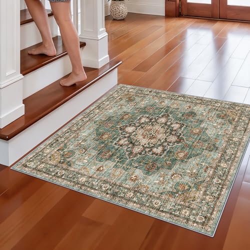 3x3 Washable Rug: Area Rugs for Kitchen Bedroom Bedside Bathroom Entryway | Non Slip Rug with Rubber Backing Low Pile Ultra Soft Stain Resistant Small Carpet Waterproof Easy-Clean Area Rug (Green, 3x3) - color: Green, size: 3' x 3' (Square)