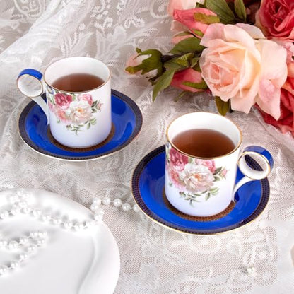 KAMMAK Tea Cups and Saucers Set of 2, Porcelain Coffee Cups, JBE015 | Stackable Espresso Mugs, Ceramic Demitasse for Coffee, Cappuccino, Latte, Americano, Tea - size: 8CZJBE015