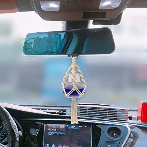 Mini Macrame Plant Hanger, 2 Pcs Plant Holder Car Charm, Handmade Car Rear View Hanging Planter Cotton Rope for Car Home Decorations, 4 Legs, 12 Inch