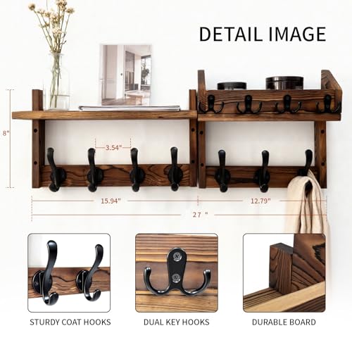 27" Wooden Wall Mounted Coat Rack with Shelf- 4-in-1 Entryway Organizer with 11 Hooks (7 Coat Hooks + 4 Key Hooks), Mail Holder & Display Shelf for Living Room, Bedroom (NOT Come Assembled)