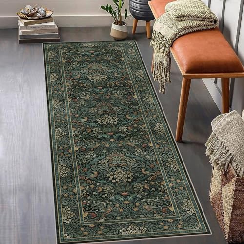 2x6 Washable Runner Rug Foldable Non-Slip Rug for Hallway Dark Green | Soft Low-Pile Indoor Runner,Stain-Resistant Kitchen Rug,Boho Botanical Birds Carpet for Bedroom Bathroom Laundry Entryway - color: Dark Green, size: 2' x 6' (Runner)