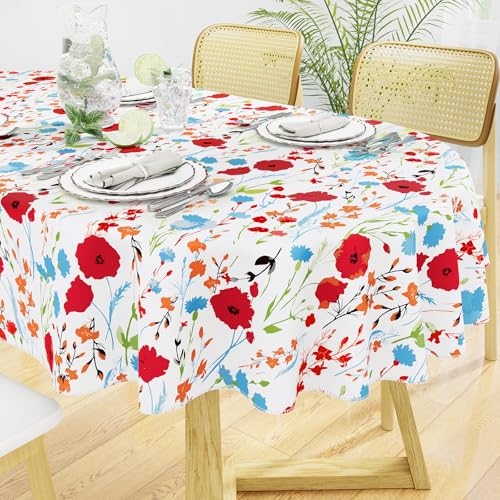 Oval Waterproof Vinyl Table Cloth, Wipeable Tablecloth with Flannel Backing, Plastic Table Cover for Dinner, Picnic, Indoor and Outdoor (Flowers, 52" x 70") - color: Off White, size: 70" x 52" (Oval)