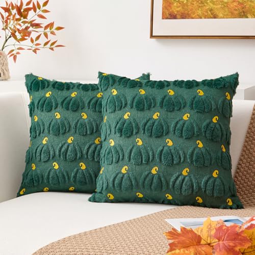 Kevin Textile Fall Pumpkins Pillow Covers 18x18 Inch Set of 2 Autumn Embroidery Decorative Square Pillowcases Soft Faux Fur Cushions Harvest Gift for Couch Sofa Chair Bedroom Halloween, Green - color: Dark Green Pumpkin, size: 18" x 18" (Pack of 2)