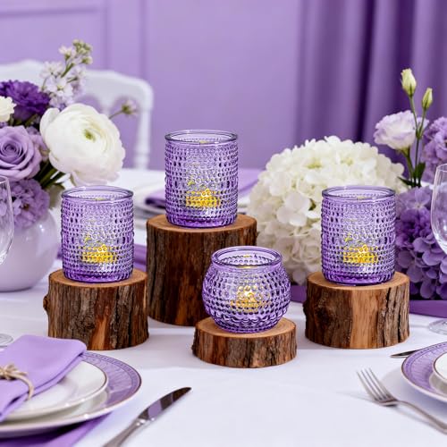 Rubtlamp Purple Votive Candle Holders Set of 24, Glass Candle Holders Bulk for Table Centerpiece, Tea Lights Candle Holder Glass for Wedding Shower, Home Party Decor - color: Purple