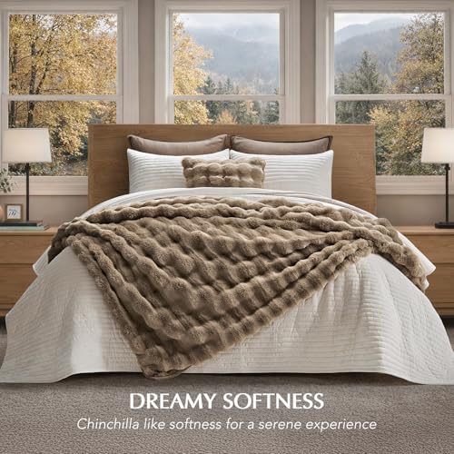 Faux Rabbit Fur Bubble Throw Blanket, 50"x60", Greige | Ultra Soft, Luxury Faux Rabbit Fur Throw, Thick Warm Bubble Blanket, Cozy Fluffy Reversible, for Bed, Couch, Chair, Sofa - color: Greige, size: 50"x60"