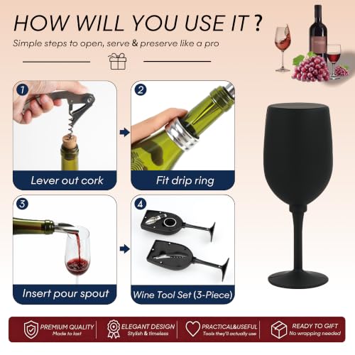 3-Piece Wine Opener Set with Wine Glass Shaped Case | Elegant and Compact Storage: Keeps corkscrew, pourer, and drip ring organized for effortless entertaining anywhere