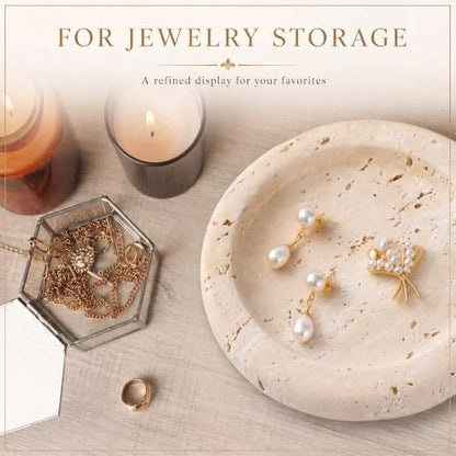 5.5 Inch Small Travertine Stone Tray Marble Jewelry Dish Trinket Tray for Women, Perfume, Coffee Table (Round) - style: Round