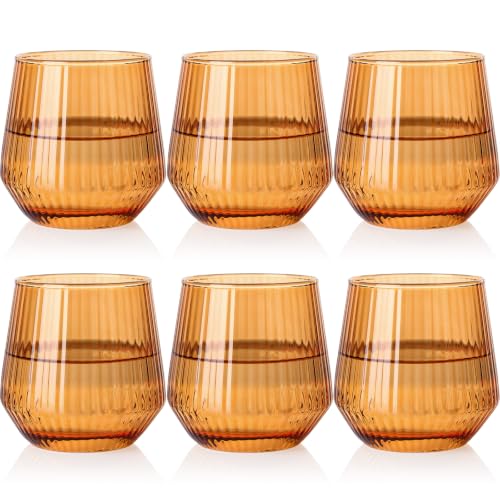 Amber Stemless Wine Glasses Set of 6, 12.5 Oz Lead-Free Ribbed Drinking Glass Cup for Wine, Cocktails, Champagne and Whiskey, Ideal Gifts for Weddings, Bars, Christmas, Halloween,Party, Daily Use - color: Amber, size: 12.5 Ounces