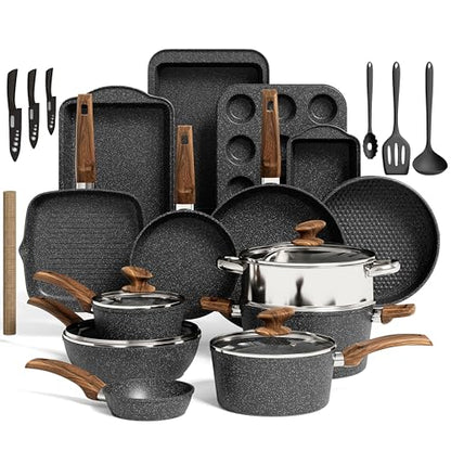 Kitchen Academy Induction Cookware & Bakeware Set, 30pcs Pots and Pans Set | Nonstick Kitchen Cookware Sets, Granite Cooking Pan and Pot Set, All-Stovetop Compatible, PFOS/PFOA-free, Black - color: Black, size: 30 PCS Cookware Set