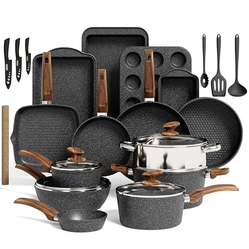 Kitchen Academy Induction Cookware & Bakeware Set, 30pcs Pots and Pans Set | Nonstick Kitchen Cookware Sets, Granite Cooking Pan and Pot Set, All-Stovetop Compatible, PFOS/PFOA-free, Black - color: Black, size: 30 PCS Cookware Set