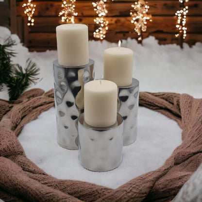 Hosley Silver Color Pillar LED Candle Holders/Vases Set of 3. Also usable as Vase. Ideal Gift for Wedding Party Home SPA Aromatherapy Reiki Candle Garden O3 - size: 3 Count (4" High, 6" High, 8" High)