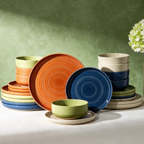Dinnerware Set for 8, Ceramic Plates and Bowls, Multicolor | 24 pcs Speckled Spiral Coupe Dishes, Chip & Scratch Resistant Everyday Ceramics, Microwave & Dishwasher Safe, Farmhouse Style - color: Multicolor (Earthy Tones), size: Service for 8 (24pc)