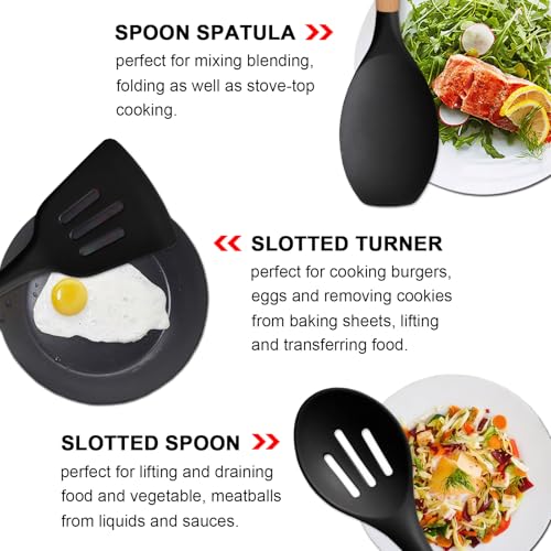 Silicone Cooking Utensils Set of 5, Heat Resistant Silicone Kitchen Utensils Set with Wooden Handle, BPA Free Spatula Spoon Turner Ladle Cooking Kitchen Gadgets for Nonstick Cookware & Baking - color: Black, size: Standard 5-Piece Set