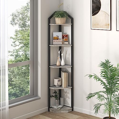 Fun Memories 5 Tier Corner Shelf, 70” Corner Shelf Stand, Corner Bookshelf Plant Stand, Storage Shelf for Bathroom, Living Room, Kitchen,Grey Home Office, Grey - color: Rustic Grey