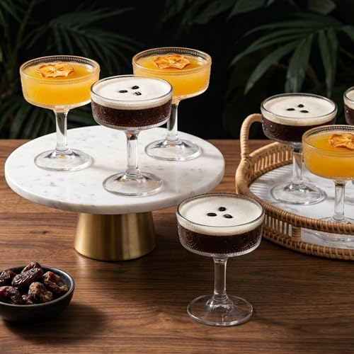 Pumtus Set of 6 Vintage Coupe Glasses, 7 OZ Embossed Martini Glass, Floral Fluted Cocktail Glasses, Unique Clear Margarita Cup, Romantic Drinking Glassware for Cocktail Wine Champagne