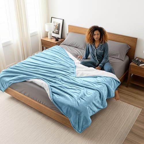 Utopia Bedding Plush Sherpa Blanket King Size Washed Blue, 90x102 Inch | Soft, Warm, Fleece, Bed, Sofa, Couch, Camping, Travel, Cozy, All Season - color: Washed Blue, size: King (90x102 Inch)