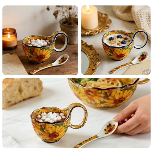Sunflower Pattern Ceramic Soup Bowls with Handles - Decorative Soup Bowl Set for Breakfast Cereal/Yogurt (Including Spoon)
