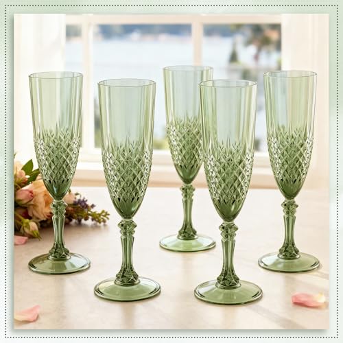 12 Pack Plastic Champagne Flutes, Green Reusable Champagne Glass | Unbreakable Hard Plastic Mimosa Cups Bulk with Stem, Fancy Stemware for Wedding, Party & NYE Celebration - color: Sage Green
