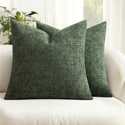 MIULEE Couch Pillow Covers Textured Chenille Home Decor 18x18 Olive Green | Set of 2 Soft Luxurious Decorative Throw Pillow Covers Cozy Pillowcases Living Room Cushion Sofa Bed - color: Olive Green, size: 18" x 18" (Pack of 2)