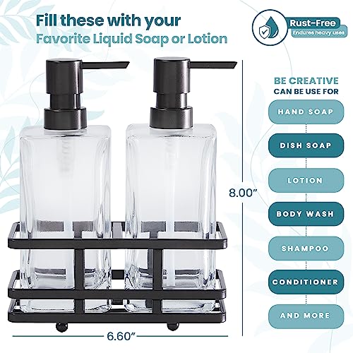 Square Glass Clear Lotion and Soap Pump Dispenser Set with Metal Stand Caddy for Bathroom Bath Kitchen Home Office Travel Hotel Hand Crafted Heavy Weight Oil Rubbed Bronze - color: Oil Rubbed Bronze