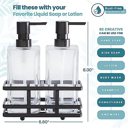 Square Glass Clear Lotion and Soap Pump Dispenser Set with Metal Stand Caddy for Bathroom Bath Kitchen Home Office Travel Hotel Hand Crafted Heavy Weight Oil Rubbed Bronze - color: Oil Rubbed Bronze