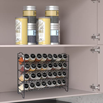 SWOMMOLY Spice Rack Organizer with 32 Glass Spice Jars and 396 Spice Labels | Chalk Marker, Funnel - Spice Organizer for Cabinet, Countertop, Pantry, Cupboard & Wall Mount, 14.8" W × 12.6" H, Black
