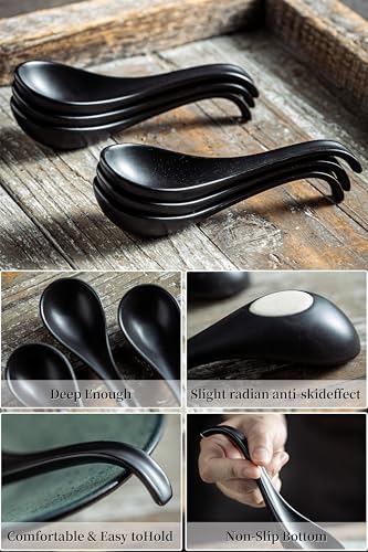 LYEOBOH Soup Spoons, Ceramic Ramen Spoon Set of 6-6.5inch Japanese Spoons | Chinese Spoons with Deep Hook Non-slip, Stackable Korean Spoons Deep for Pho Pasta Cereal, Dishwasher & Microwave Safe, Black - color: Black