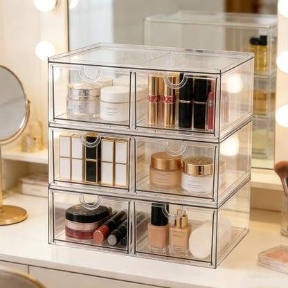 Prsildan 6 Small Drawers Stackable Storage Drawer Clear Acrylic Organizer | Makeup Organizers, Vanity Bathroom Kitchen Cabinets Under Sink Home Organization, 3 Pack - size: Stackable-6Drawers