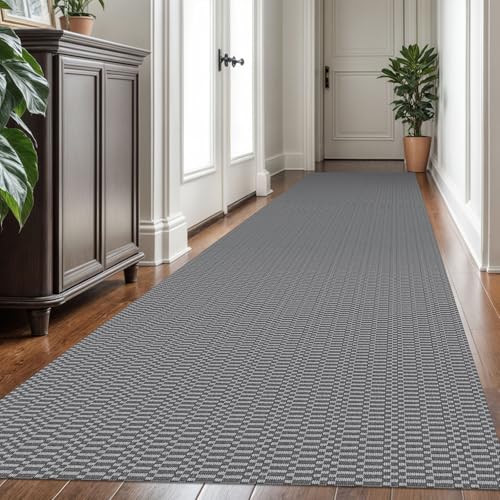 KOZYFLY 3x16 Runner Rug, Washable Non Slip Long Kitchen Hallway Rug, Grey | Long braided cotton carpet runner with rubber backing for hallways, kitchens, entryways and high-traffic indoor floors - color: Charcoal Grey/Dark Grey, size: 3' x 16' (Rectangula