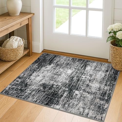 KILOCOCO Abstract Small Rug 2x3 Washable Entryway Rug Door Mat, Black/Grey | Machine Washable Kitchen Rug, Non Slip Door Mat Indoor Entrance, Soft Entry Rugs, Printed Throw Rugs, Indoor Front Door Rug - color: Black/Grey, size: 2' x 3' (Rectangular)