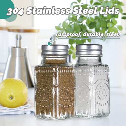 2 Pack Glass Salt and Pepper Shakers with 304 Stainless Steel Lid, Vintage Spice Shakers for Dining Room Table, Kitchen, Restaurant (Sunflower Style)