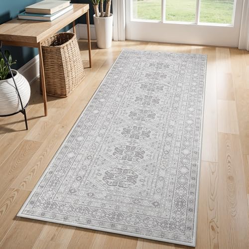 Ksrau 2x6 Runner Rug Washable Vintage: Non Slip Long Kitchen Runners Grey | Oriental Indoor Floor Mat for Hallway Soft Low Pile Thin Carpet for Entryway Bedroom Living Room Bathroom Home Office Decor - color: Grey, size: 2' x 6' (Rectangular)