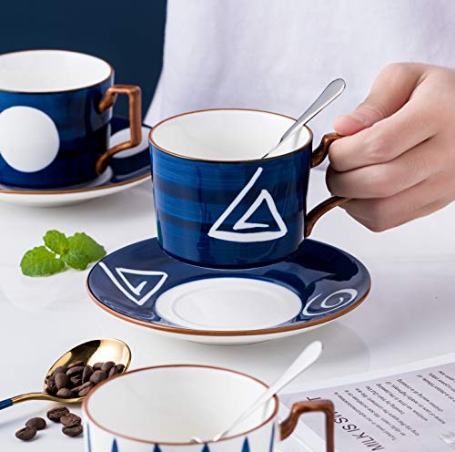 Jusalpha- 7OZ Porcelain Tea/Coffee Cup With Spoon Saucer Set, Serve of 4 | Japanese style hand printed design