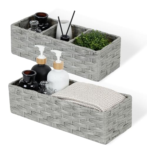 DULLEMELO Toilet Tank Basket, Set of 2 Plastic Wicker Bathroom Baskets for Organizing, Waterproof Toilet Paper Storage Basket for Bathroom, Light Grey - color: Light Grey