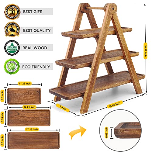 Manspdier Wood 3 Tier Serving Tray Three Tiered Cupcake Stand, Rectangle Serving Platter Wooden Farmhouse Tiered Tray, Party Serving Brown Decorative Tray Decor - size: 17.2X5.5 Inch