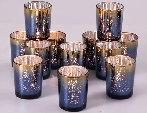 Volens Navy and Gold Party Decorations 12pcs Glass Votive Candle Holders | Speckles Mercury Glass Tealight Candle Holders Bulk for Tabletop, Wedding Centerpiece, Navy Blue and Gold Decor - color: Navy Blue+gold, size: Cylinder--2.17"W x 2.67"H