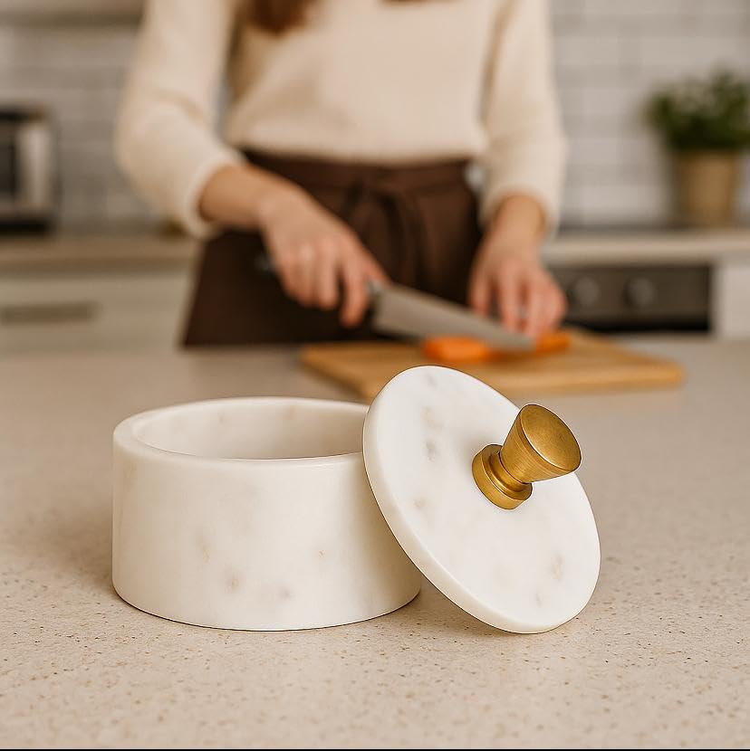 Marble Salt Cellar with Lid and Brass Knob | Natural Stone Salt Box for Kitchen Counter and Dining | Marble Spice Jar Holder for Cooking, Tabletop and Countertop Storage (4 X 3.5 Inch, White) - color: White with Brass Knob