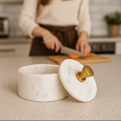 Marble Salt Cellar with Lid and Brass Knob | Natural Stone Salt Box for Kitchen Counter and Dining | Marble Spice Jar Holder for Cooking, Tabletop and Countertop Storage (4 X 3.5 Inch, White) - color: White with Brass Knob