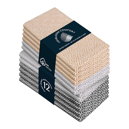 Multi Color Diamond Weave Cloth Napkins Set of 12, 16"x16", Cotton Napkin for Dining Tables, Dinner, Lunch, Parties, Celebrations & Everyday Use - Kakki, Ash Grey, Black - color: Tan, Light Grey, Black, size: 16" x 16" (Set of 12)