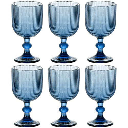 Taganov Blue Glasses Drinking Water Goblets set of 6 Big Vintage Glassware 13oz Colored Wine Glasses for Wedding Party Bar Vertical Line Embossed Pattern Stemmed Cups 400ml - color: Blue