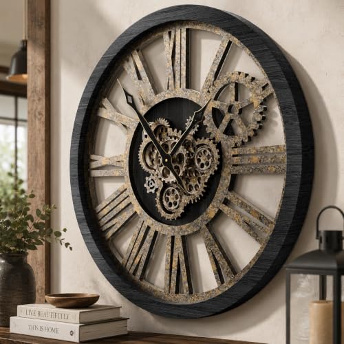 HOIBAI Large Wall Clock 30 Inch Black with Bronze Gears | Living Room Decor/Vintage Farmhouse/Roman Numerals/Silent/Oversized/Real Moving Gears/Home House Warming Gift - color: Black B, size: 30 Inch