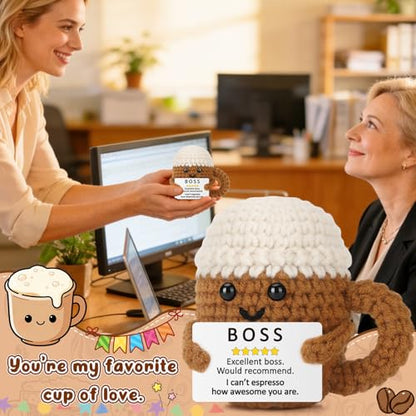 Xinezaa Mini Coffee Boss Gifts for Women Men from Employee Bosses Day | Gifts for Boss Lady Leader Manager Supervisor, Funny Handmade Crochet, Birthday Appreciation Christmas Office Desk Decor - style: Boss