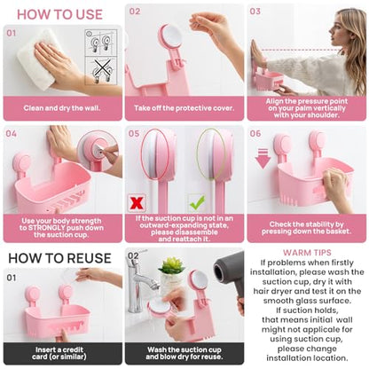 Shower Caddy Suction Cup Set Shower Organizer & Soap Holder, Pink | Toothbrush Holder, Bathroom Shelf Basket NO-Drilling, Removable Suction Storage, Waterproof Bathroom Caddy - color: 3 X Pink