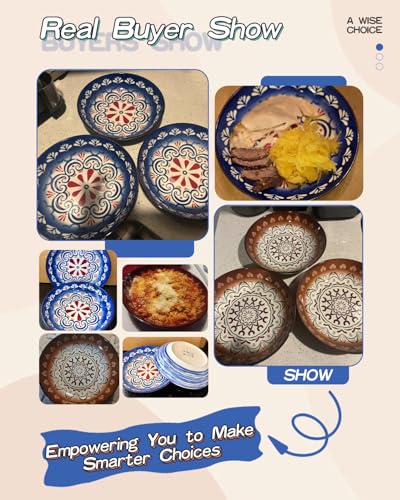 Yeacccng Bohemian Pasta Bowls Set of 6, 8.5 Inch 35 Oz Ceramic Serving Bowls, Blue Color Block Design, Lead-Free Cadmium-Free, Dishwasher Microwave Oven Safe, Scratch-Resistant Salad Soup Bowls - size: 8.5 inch pasta bowl (Blue*6)