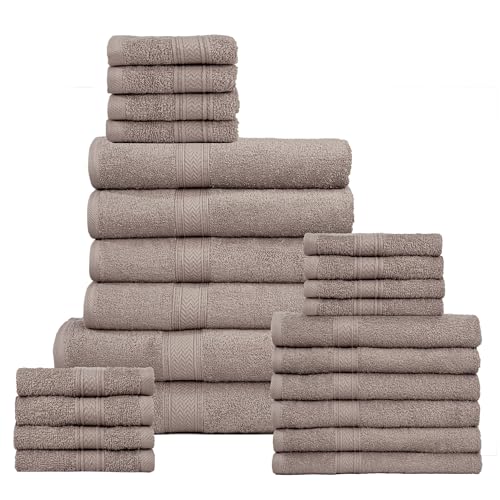HILLFAIR 24 Piece Bath Towels Set for Bathroom- 100% Cotton 24 PC Bulk Pack Hotel Spa Towel Set- 2 XXL Oversized Big Towels, 4 Bath Towels, 6 Hand Towels, 4 Fingertip Towels, 8 Washcloths: Taupe - color: Stone, size: 24 PC Bath Towel Family Set