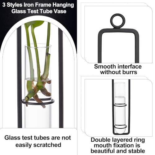 5 Sets Hanging Glass Propagation Station, 3 Styles Iron Frame Transparent Test Tube Plant Vases Wall Mounted Hydroponic Planters for Outdoor Indoor Balcony Home Decor
